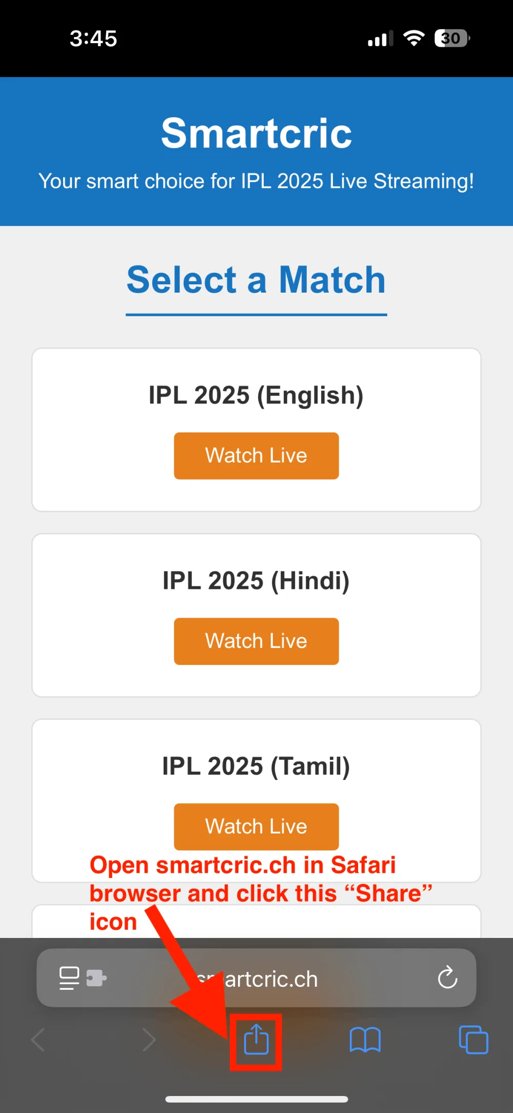CricHD open in Safari, with the Share button at the bottom of the screen