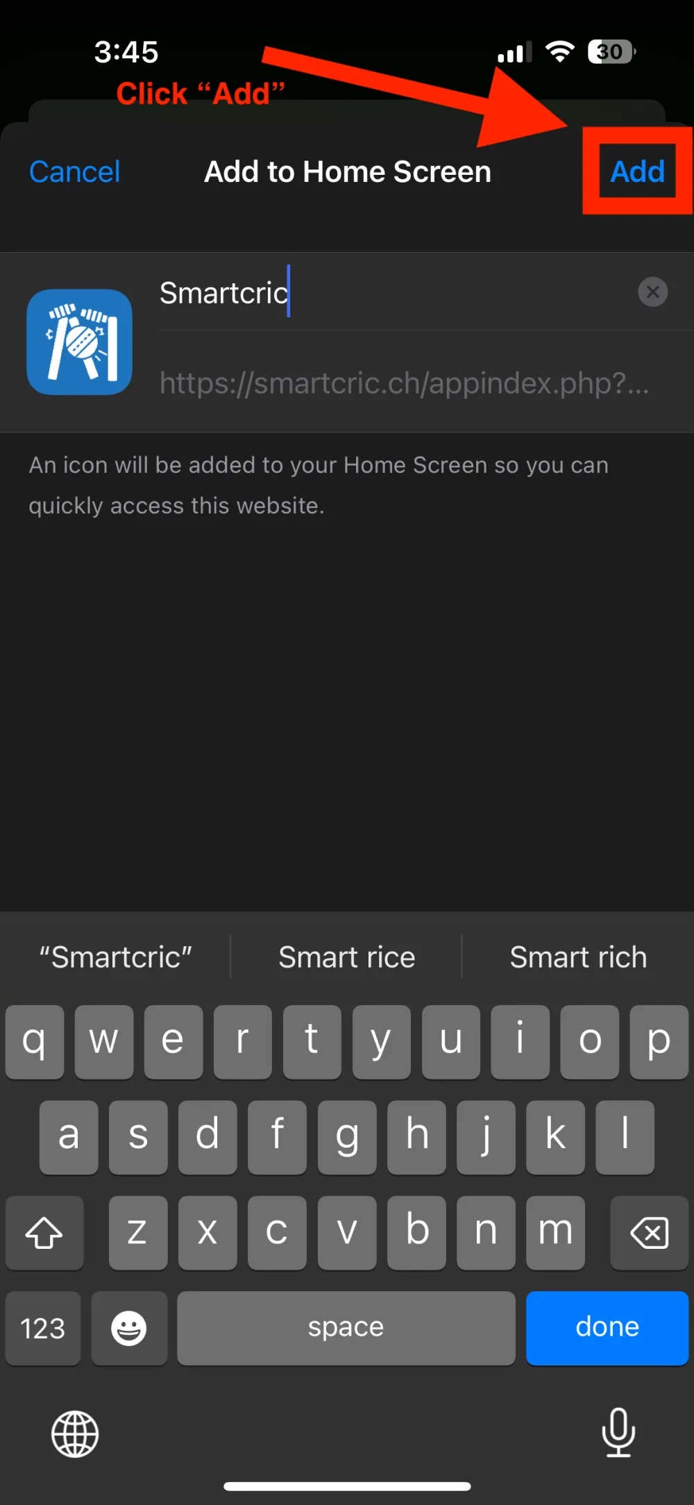 The Add to Home Screen screen, with Add at the top right